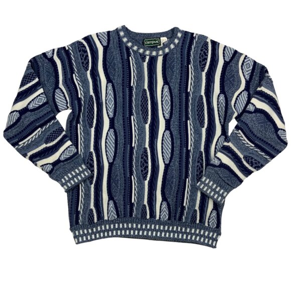 Campus Vintage 3D Knit Sweater L Blue Long Sleeve Crewneck Streetwear Retro - Picture 1 of 11